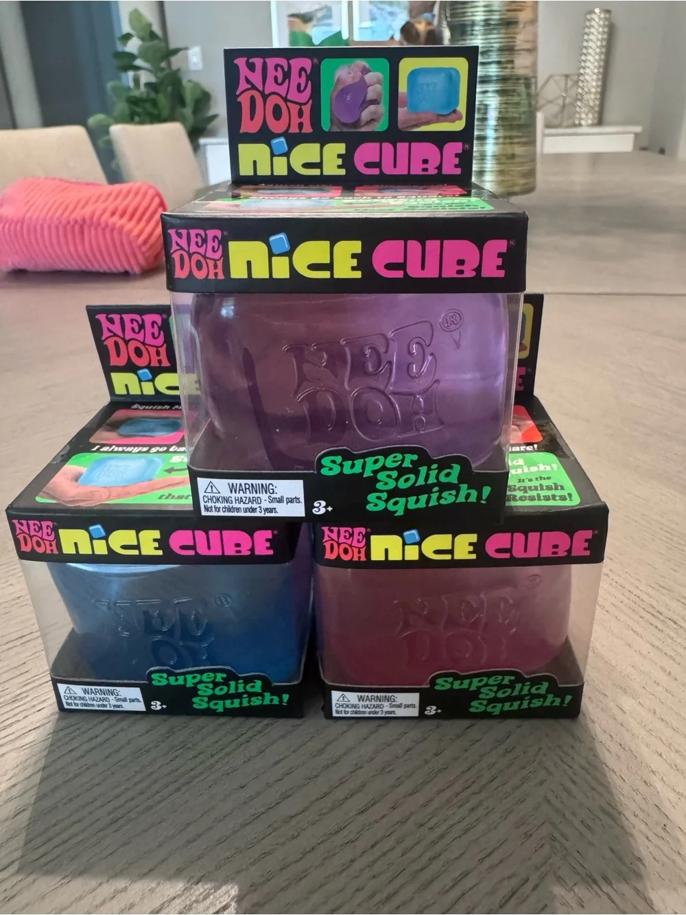 Needoh Nice Cube Super Solid Squish Toy - 3 Pack Purple, blue and pink
